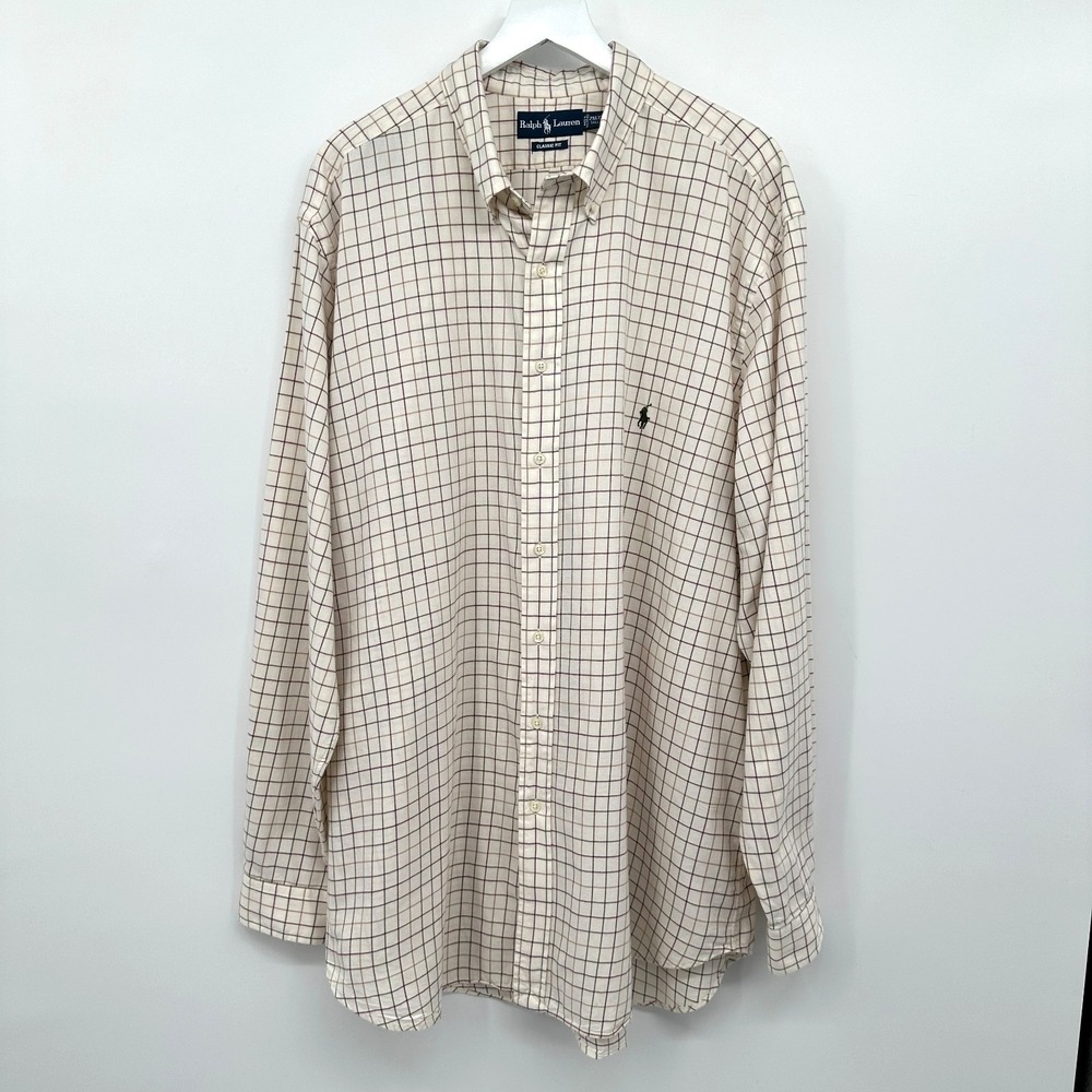 Ralph Lauren Button Up Shirt Mens 2XLT Long Sleeve Beige Classic Fit 100% Cotton